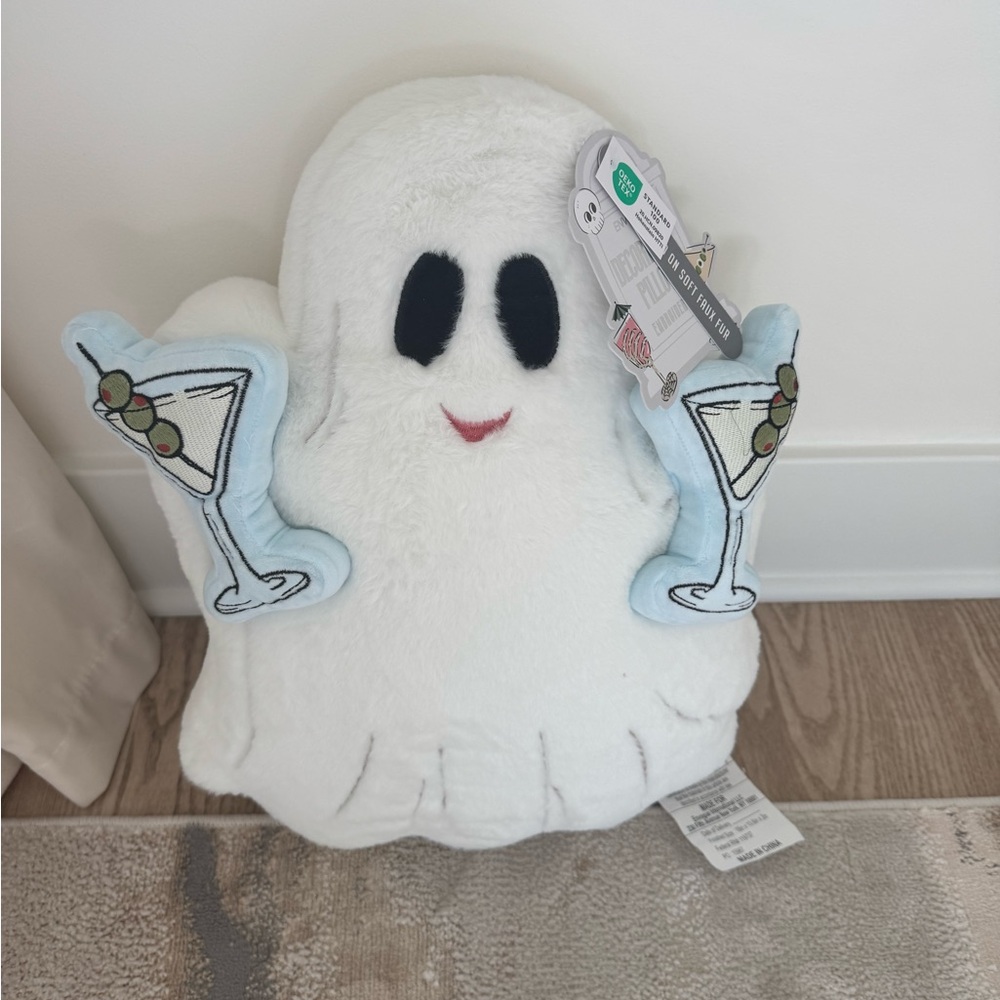 Plush Ghost Pillow with Martini Glasses - White